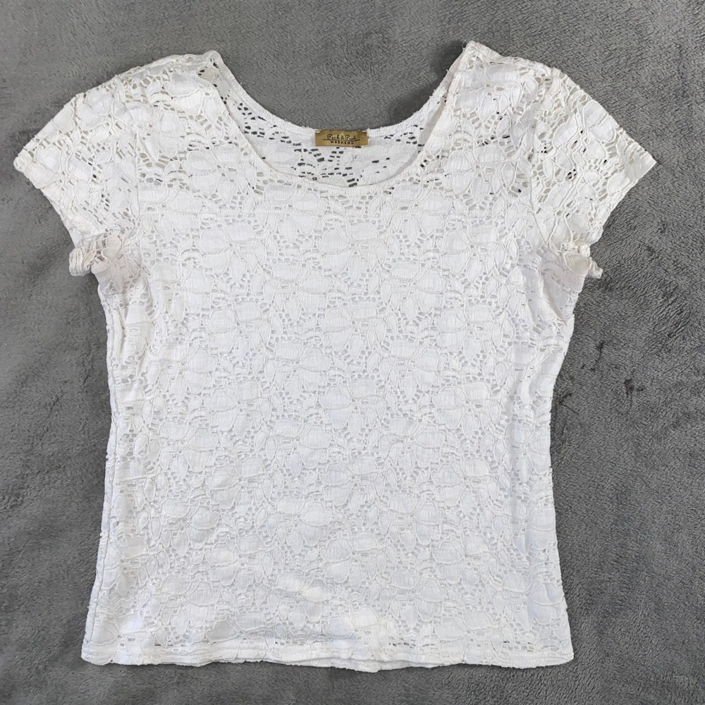 Peck & Peck Weekend Top Women Large White Lace Overlay Short Sleeve Scoop Neck